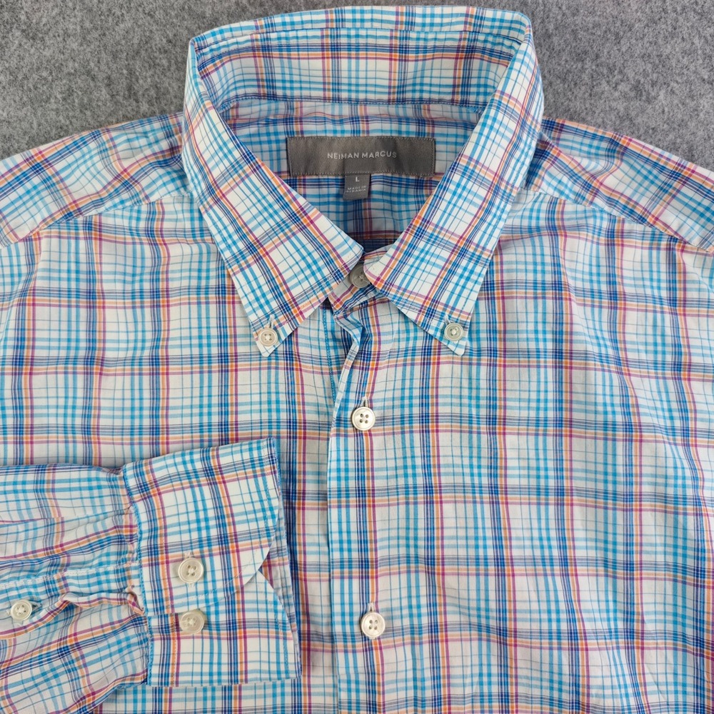 Neiman Marcus Button Down Shirt Mens Large Blue Pink Orange Plaid Long Sleeve